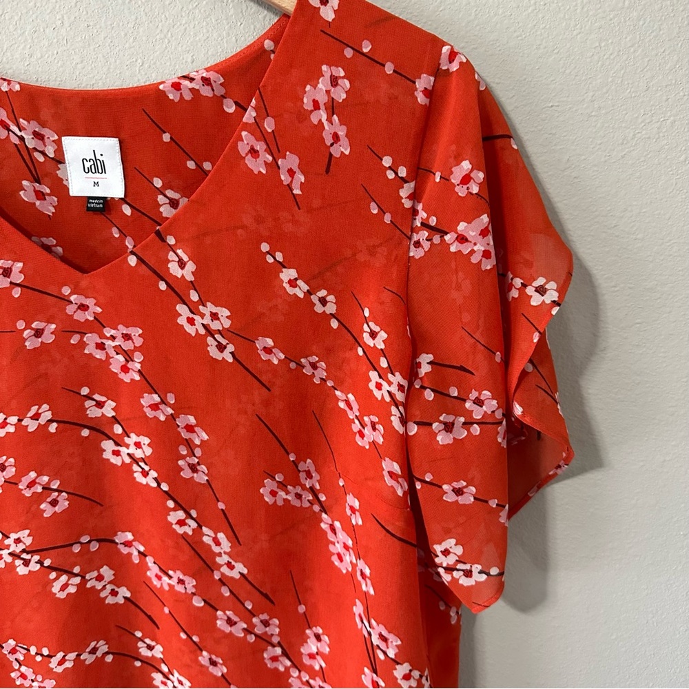 Cabi Orange & White Floral V Neck Lightweight Flowy Short Sleeve Blouse Medium - Picture 12 of 14